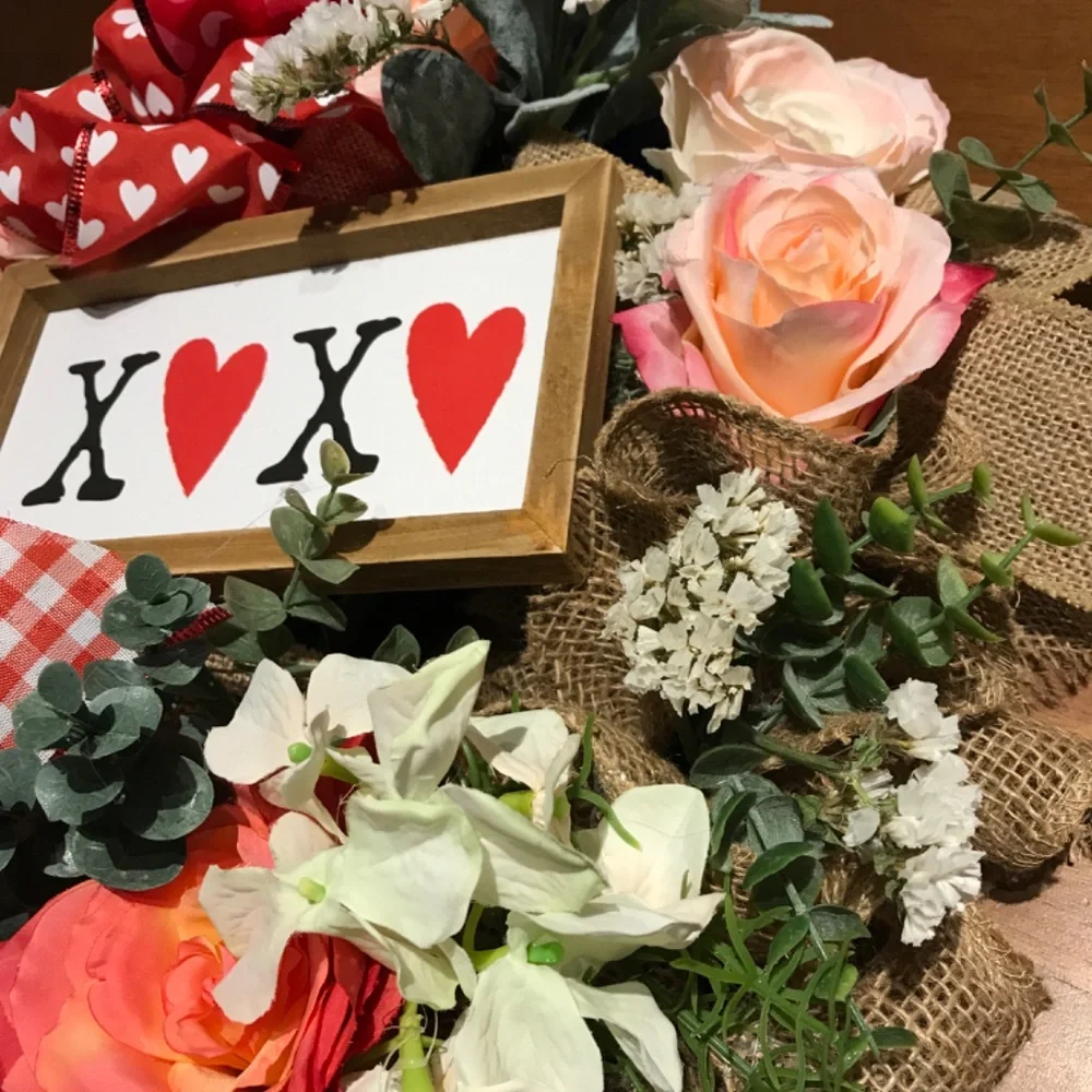 Valentines Wreath Hand Crafted LOVE Burlap Kisses Hugs FINAL SALE
